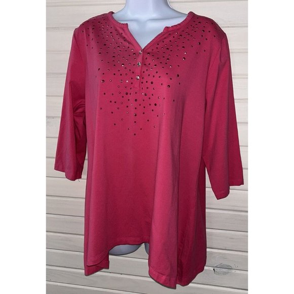Quacker Factory Sz LARGE Pink Studded Sparkle Trapeze Hem Tunic Cottony EUC - Picture 2 of 9